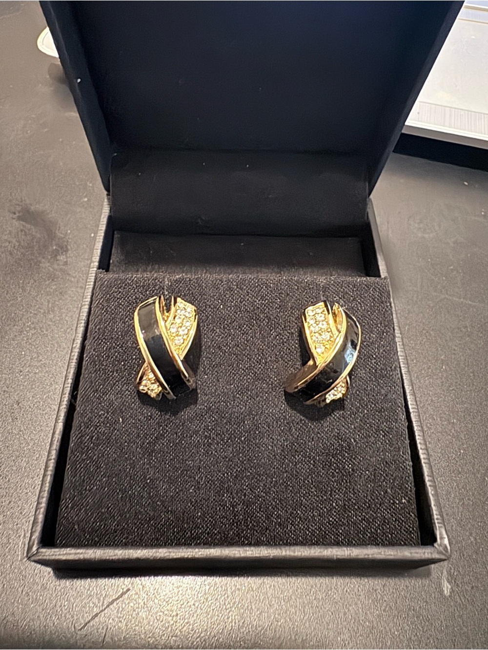 VINTAGE Christian Dior Gold Tone Black Enamel & Crystal Earrings 1”